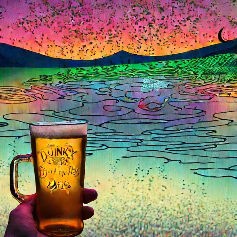 A hand holding a large beer, overlooking a pink lake