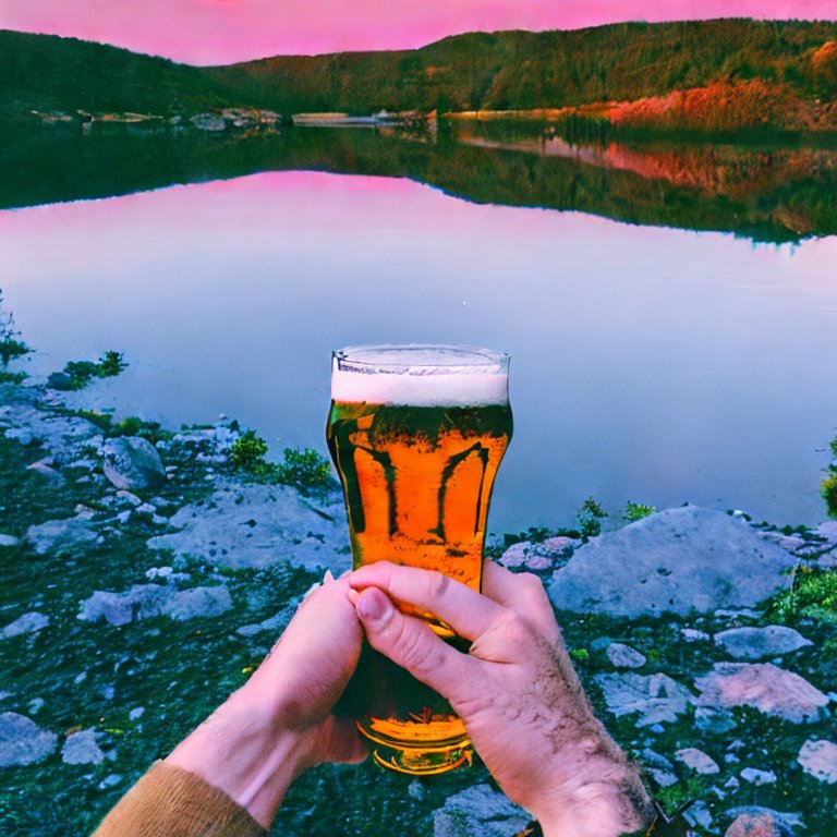 A hand holding a large beer, overlooking a pink lake