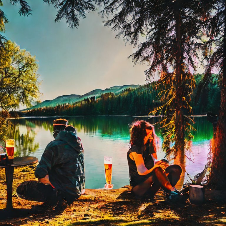 A hand holding a large beer, overlooking a pink lake