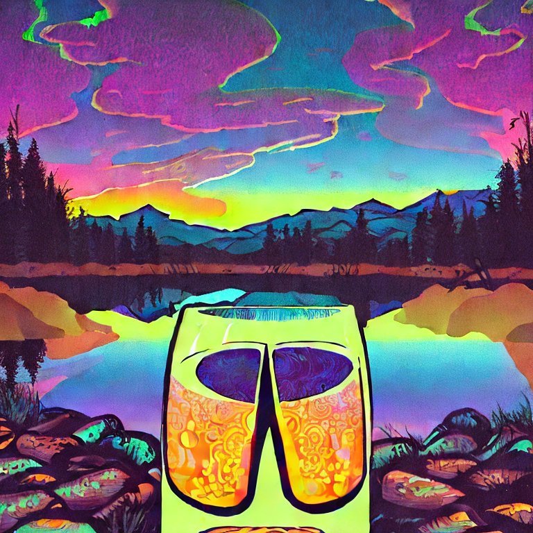 A hand holding a large beer, overlooking a pink lake