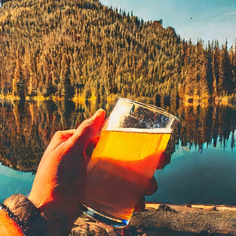 A hand holding a large beer, overlooking a pink lake