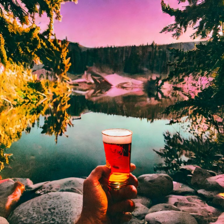 A hand holding a large beer, overlooking a pink lake