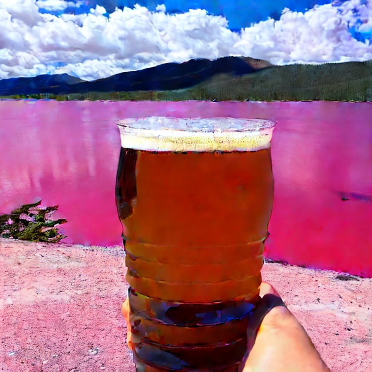 A hand holding a large beer, overlooking a pink lake