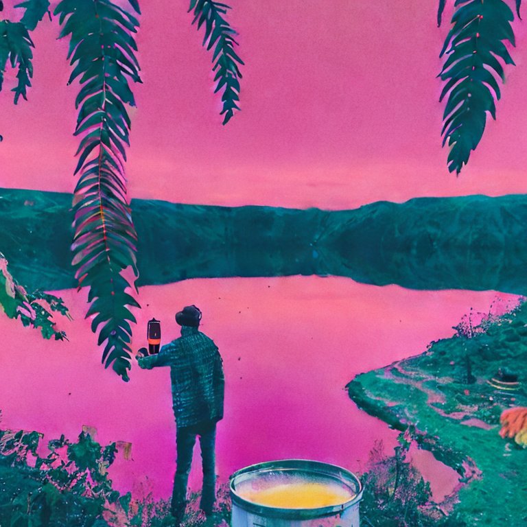A hand holding a large beer, overlooking a pink lake