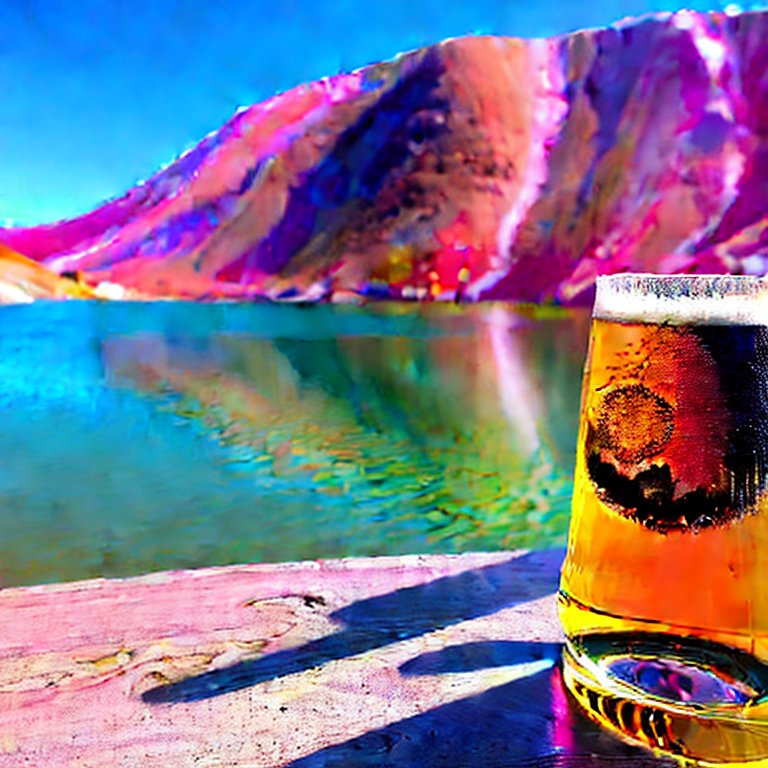 A hand holding a large beer, overlooking a pink lake