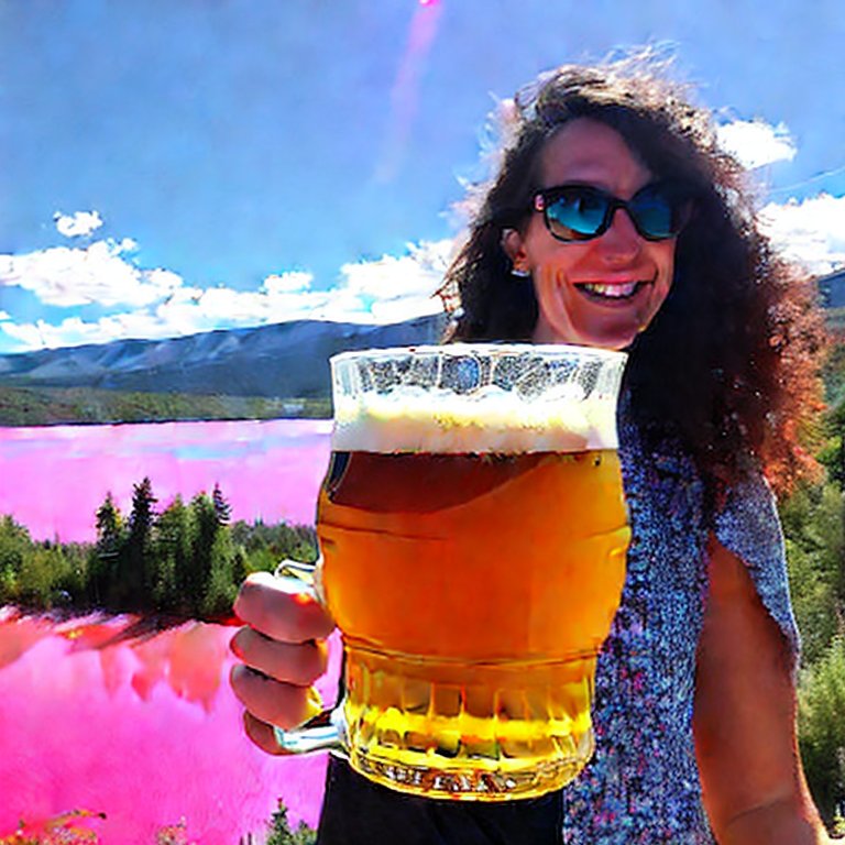 A hand holding a large beer, overlooking a pink lake
