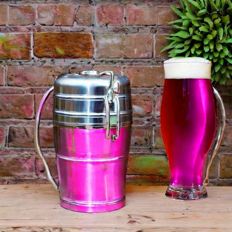 A hand holding a large beer, overlooking a pink lake