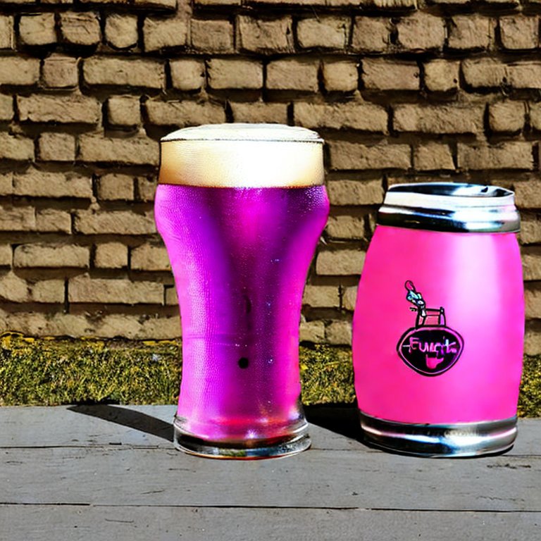 A hand holding a large beer, overlooking a pink lake